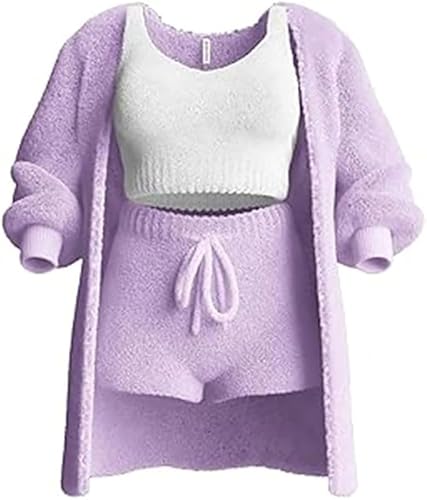 Damen-Winter-Pyjama, gestrickt, 3-teiliges Set, sexy Warmer Fuzzy-Fleece-Pyjama für Damen, 3-teiliges Nachtwäsche-Set, ärmellose Kurze Oberteile,L,Purple von Generic