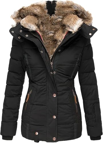 Damen Winterjacke Lang Warm Gefüttert Wintermantel mit Fellkapuze, Steppjacke Große Größen, Elegante Jacken für Frauen,2XL,D von Generic