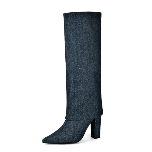 Damen-Winterstiefel, spitzer Zehenbereich, Denim-Stiefel mit klobigem Absatz, Schwarze Hosenstiefel mit mittlerem Bein, geeignet für lässige Büro-Hochzeiten von Generic