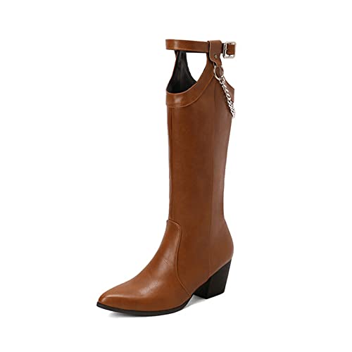 Damenmode-Stiefel, 6 cm, hohe Stiefel, Lederstiefel, Neue mittelhohe Damen-Ritterstiefel mit spitzem Zehenbereich und Kette von Generic