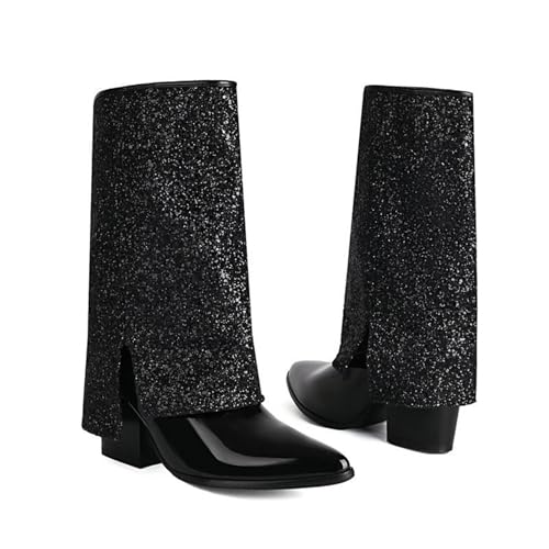 Damenmode-Stiefel, 8 cm, mit Pailletten, faltbar, Kniehohe Stiefel, Dicke Stiefel mit hohen Absätzen, Ärmel, spitzes Kleid, hohe Stiefel für Damen von Generic