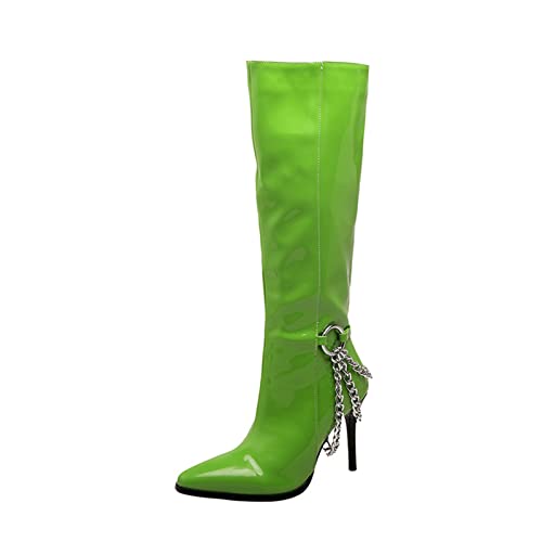 Damenmode-Stiefel, 8 cm, modisch, spitzer Zehenbereich, Stiletto-Lackkette, hohe Damenstiefel, Pole-Dance-Nachtclub-Stiefel von Generic