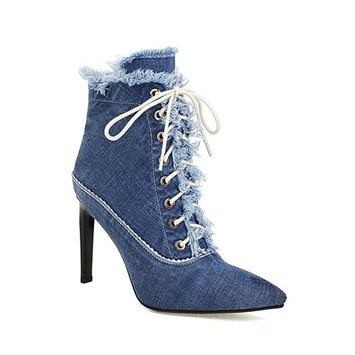 Damenmode-Stiefel, 9,5 cm, Damen-Jeans-Stiletto-Stiefeletten mit hohem Absatz, Spitze Zehen-Schnürstiefeletten, Reißverschluss, Kurze Stiefel, formelle Schuhe von Generic