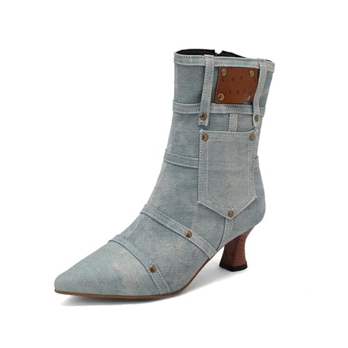 Damenmode-Stiefel, Damen-Jeans-Stiefeletten, 6 cm, niedriger Absatz, hohe Absätze, Spitze Zehen, seitlicher Reißverschluss von Generic