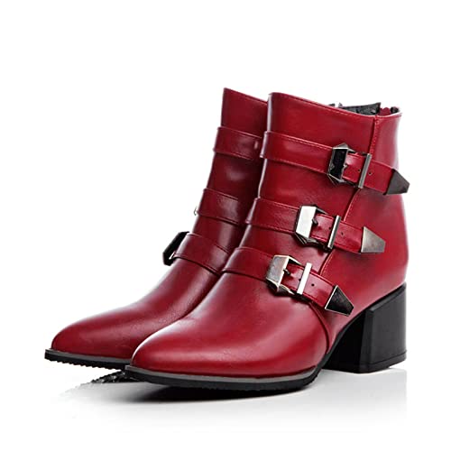 Damenmode-Stiefel, Damen-Stiefeletten mit klobigem Absatz, Reißverschluss, zum Hineinschlüpfen, klobige Spitze Zehenpartie, hoher Absatz, Gürtelschnalle, Stiefeletten von Generic