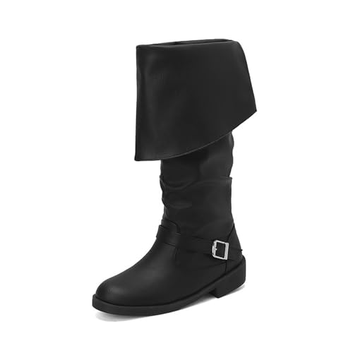 Damenmode-Stiefel, Kniehohe Damen-Stiefel mit Bündchen, Slip-on-Motorradstiefel, klobiger niedriger Absatz, modische Reitstiefel mit Schnalle von Generic