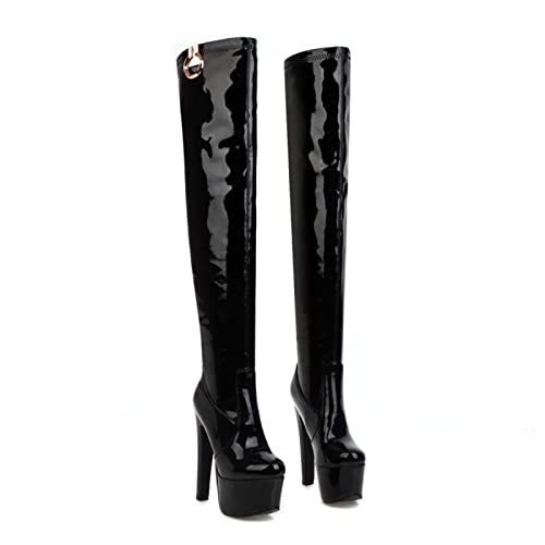 Damenmode-Stiefel, Over-The-Knee-Stiefel, Lackleder, rund, 15 cm, Ultra-High-Heel, Over-The-Knee-Stiefel, weibliche Tanz-Walking-Lange Stiefel von Generic