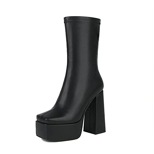 Damenschuhe, Damen-Stiefeletten, Plateau, quadratischer Absatz, Kurze Damenstiefel, Leder, seitlicher Reißverschluss, Kleid, Damenschuhe von Generic