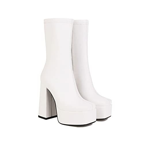 Damenschuhe, Damen-Stiefeletten, Plateau, quadratischer Absatz, Kurze Damenstiefel, Leder, seitlicher Reißverschluss, Kleid, Damenschuhe von Generic