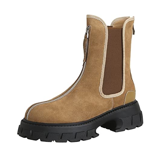 Damenstiefel Damen Stiefeletten Kuh Wildleder Leder Design Dicke Absätze Plattform Reißverschluss Freizeit Outdoor Schuhe Herbst Winter von Generic