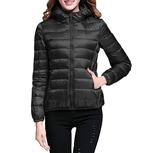 Daunenjacke Damen Leichte Steppjacke Einfarbig Winterjacke Jacke mit Kapuze Große Größen Wintermantel Warme Daunenmantel Zip Up Steppmantel Langarm Kapuzenjacke Mantel Skijacke Outdoorjacke von Generic