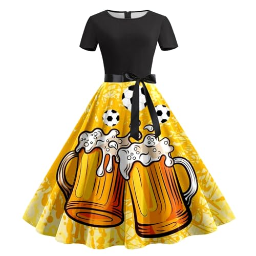 Dirndl Damen, Oktoberfest Cocktailkleid Damen Lang Rundhals Kurzarm Rockabilly Kleider Bier Drucken A Linien Kleid Festival Elegant Abendkleider Damen Midi Bayrische Bierfest Partykleid von Generic