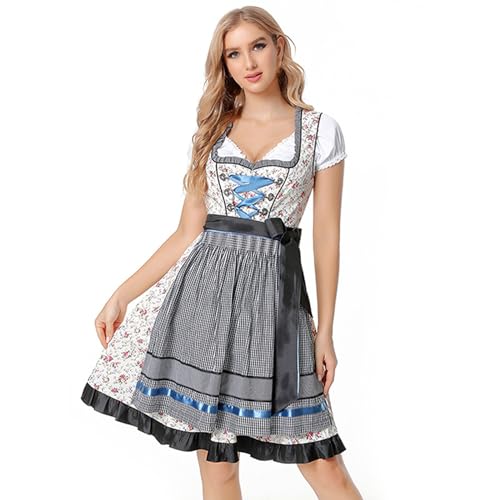 Dirndl Damen Midi, Set 3 Teilig Trachtenkleid Damen mit Schürzen Blau Dirndlkleid Damen Bluse Schürze Bayerisches Kleid Trachtenmode Trachtenrock Dirndlkleider Trachtenkleider Oktoberfest Outfits von Generic