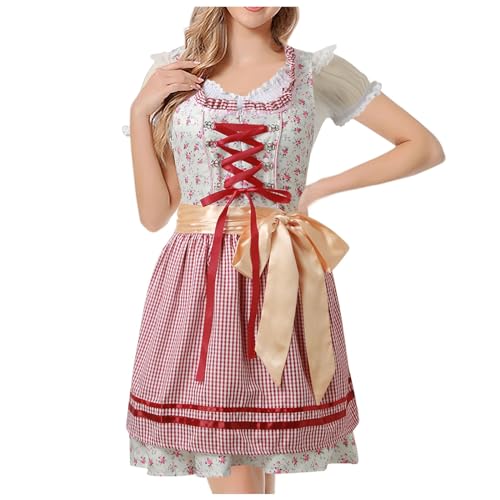 Dirndl Damen Midi 3 Teilig, Trachtenkleid Damen Samt, Dirndlkleid Rot mit Dirndlschürzen Dirndlbluse v Ausschnitt Trachten Trachtenrock Trachtenmode Trachtenkleider für Oktoberfest von Generic