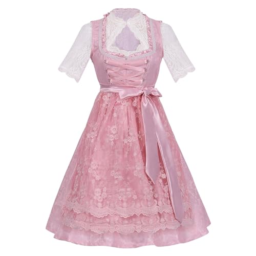 Dirndl Damen Midi Set 3 Teilig, Trachtenkleid Damen Grün Pink Grau Dirndlkleid mit Dirndlbluse Spitze Dirndlschürze Trachtenmode Trachtenrock Oktoberfest Outfit von Generic