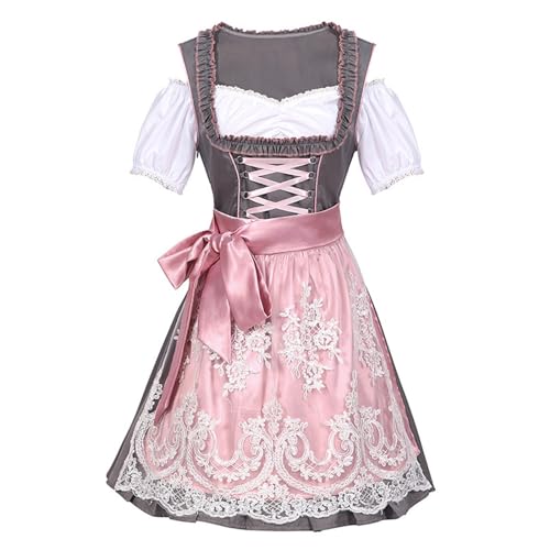 Dirndl Midi Damen Dirndlkleid Trachtenkleid Trachtenrock inkl. Dirndlbluse Dirndlschürze 3 teilig Spitze Bluse Trachtenmode Dirndlkleider Trachtenkleider für Oktoberfest Rosa Bayerisches Kleid von Generic