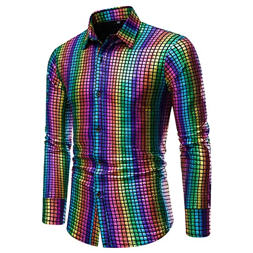 Disco Outfit Herren,Glitzerhemd Herre GläNzende Metallic-Hemden Revers Knopfleiste Langarmshirt 70Er Disco Party KustüM T-Shirt Pailletten Glitzer Hemd Slim Fit Nachtclub Glitzerhemd von Generic