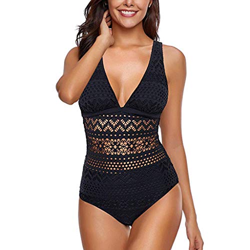 Einteiliger Badeanzug Damen Badeanzug Spitzen Badeanzug Damen Sexy One-Piece Bikini Damen Push Up Gepolstert High Waist Mesh V-Ausschnitt Bademode Monokini Strandmode Badeanzüge für Frauen von Generic