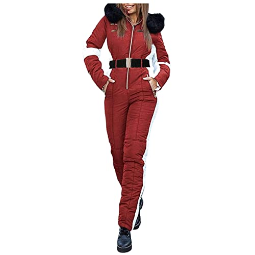 Einteiliger Damen Skianzug Winddicht Skioverall Warme Schneeanzüge Einfarbig One Piece Lässig Leicht Langer-Overall Hooded-SportsDaunenjacke von Generic