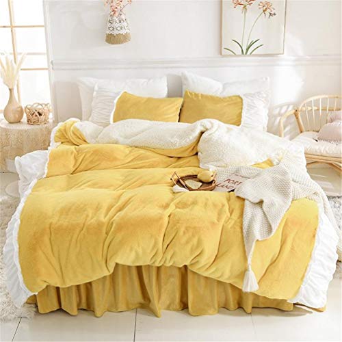 Fleece-Bettbezug-Bettwäsche-Set mit Rüschen, superweiches, warmes, gemütliches Bettwäsche-Set mit 2 Kissenbezügen für Einzelbett, Doppelbett, King-Size-Bett, Super-King-Size-Bett, gelb, von Generic