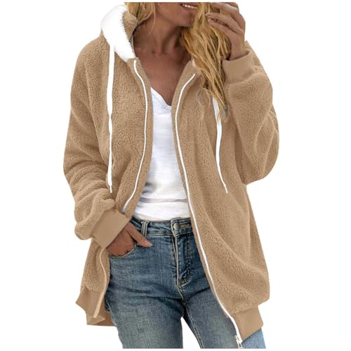 Fleecejacke Hoodie Damen Kapuzenpullover Teddy-Fleece Warm Wintermantel Stilvoller ReißVerschluss Fellmantel PlüSchjacke mit Taschen von Generic