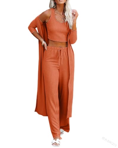 Frauen 3 Stück Lounge Sets Pajama Langarm Leichte Strickjacke Crop Tank Top Jogger Hosen 2024 Outfits,Orange,L von Generic