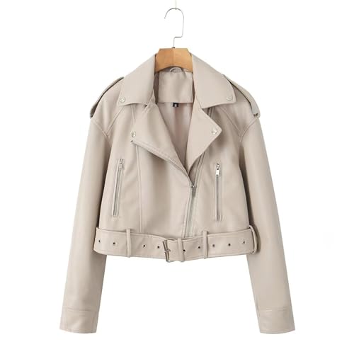 Frauen Faux PU Lederjacke Casual Lady Revers Reißverschluss Kurze Lederjacke High Street Motorrad Mantel Schlank Kurz Biker Mantel,Beige,S von Generic