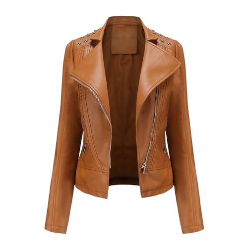 Frauen Jacke Frühling Herbst Rivet Perle Lederjacke Womens Lange Ärmel Modische Jacke Revers Motorrad Mäntel PU-Jacke,Camel,L von Generic