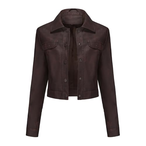 Frauen Kunstleder Jacke Frühling Herbst Outdoor Casual PU Mantel Weibliche Biker Oberbekleidung Damen Kleidung Motorrad Wear PU Tops,Brown 2,L von Generic