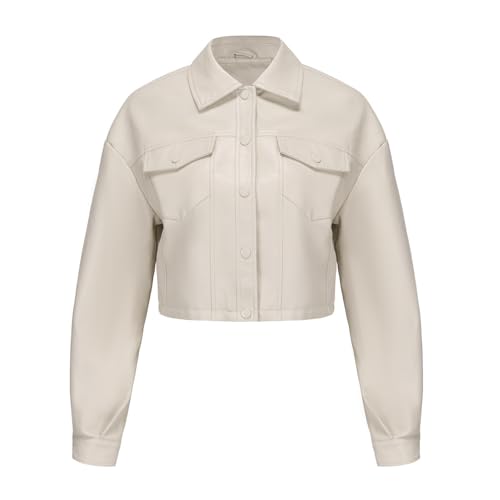 Frauen Kunstleder Jacke Revers Reißverschluss Biker Kurzmantel Motorradmantel Schlank Kurz Biker Mantel,Beige,L von Generic