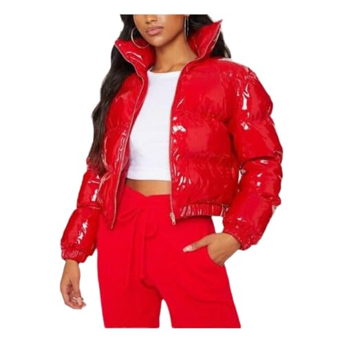 Frauen Kurze Puffer Jacke Winter Langarm Voller Reißverschluss Gesteppte Unten Mantel Kragen Crop gepolsterte Jacke,Rot,XXL von Generic