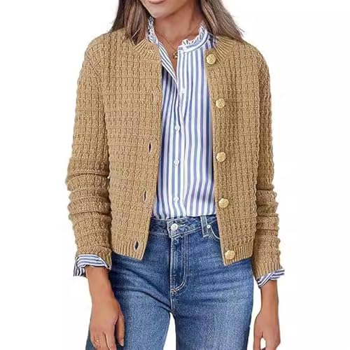 Frauen gestrickte gestreifte Cardigan Tragen Casual Langarm Öffnen Vorderen Knopf Down Trendy Jacken,Khaki,L von Generic