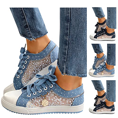 Freizeitschuhe Damen Bestickte Sneaker Spitze Atmungsaktive Stoffschuhe Elegante Frauen Schnürhalbschuhe Laufschuhe Leicht Sportlich Flache Schuhe Walkingschuhe von Generic