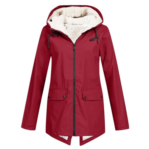 Gefütterte Regenjacke Damen Wasserdicht - Regenmantel Damen Gefüttert Warm Winterjacke mit Teddyfell Kapuze Outdoor Jacke Mantel Dicke Plüsch Wintermantel Wanderjacke Softshelljacke Regenmantel von Generic