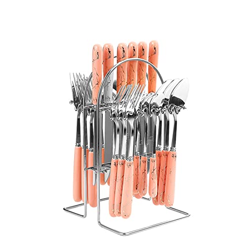 Generic 24-teiliges Besteck-Set mit Ständer, Edelstahl-Geschirr inklusive Messer, Gabel, Löffel mit Keramikgriff, Besteckservice zum Aufhängen für 6 Personen,Orange,One Size von Generic