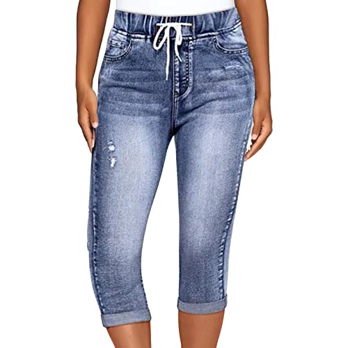 Generic 3/4 Jeans Damen Sommer - Kurze Hose Jeans Damen High Waist Skinny Jeanshose Slim Fit Dreiviertel Denim Hose mit Löchern Capri Jeans Zerrissene Sommerjeans Caprihose Leggings Jeans für Frauen von Generic