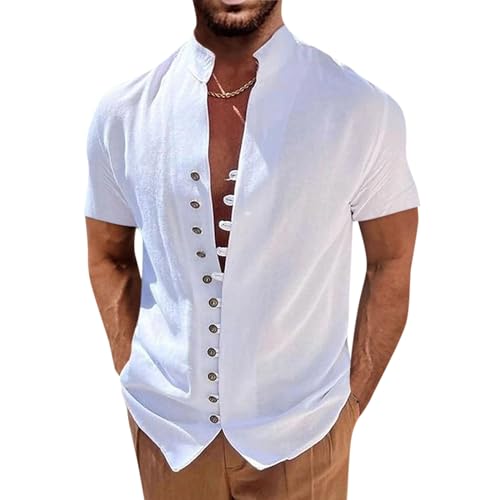 Generic Leinenhemd Herren Stehkragen Einfarbig Knopfleiste Mittelalter Hemd Regular Fit Langarmshirt Baumwoll Leinen Sommerhemd Henley Shirt Langarm Trachtenhemd Kompressionsshirt Herren von Generic