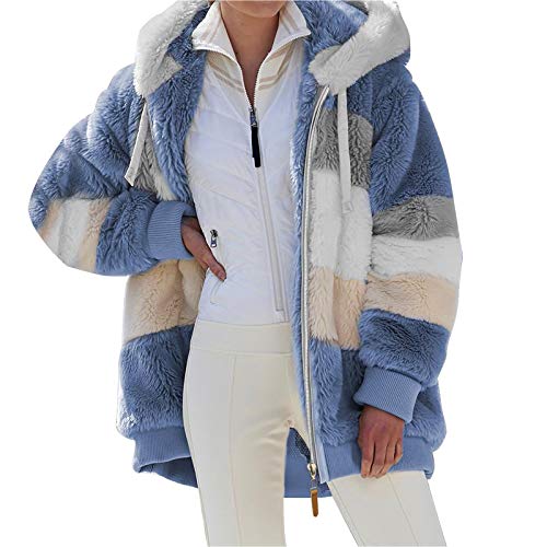 Generic Teddyfleece Jacke Damen Kuscheljacke Damen Flauschig Teddy Fleecejacke Lang Kuschelfleece Mädchen Plüschmantel Teddy Winterjacke mit Kapuze Kuschelige Sweatjacke mit Teddyfutter, L, Blau von Generic