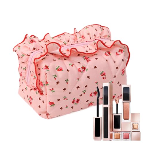 Gesteppte Make-up-Tasche – gerüschte Blumenaufbewahrung, Reißverschluss, tragbare Reise-Make-up-Tasche, ästhetischer Kosmetik-Organizer für Mädchen und Frauen, rose, Refer to description, Unisex von Generic