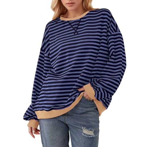 Gestreifter Pullover Damen Rundhals, Sweatshirt Damen Oversized,Langarmshirt Farbblock Basic Bunt Gestreift Oberteil Langarm Ohne Kapuze Striped Lässige Trendy Y2K Shirts Tops Herbst Outfits von Generic