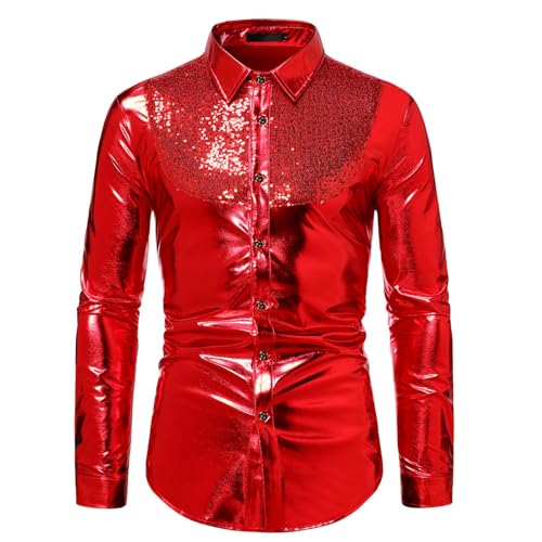 Glitzer 80er Jahre Hemd Herren Langarm, Karneval Kostüm Herren Pailletten 70er Hemd, Disco Outfit 60er Hip Hop Hippie Tshirt Mit Knopfleiste Lustig Slim Fit Hemd Pailletten Herren Frühling Shirt von Generic