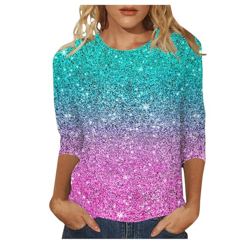 Glitzer Druck Pullover Damen 3/4 Arm Oversize,Pailletten Muster Oberteil Frauen Rundhals | Elegant Langarmshirts Schwarz Große Größen Tunika Festliche Blusen für FaschingsKostüme Karneval Kostüm von Generic