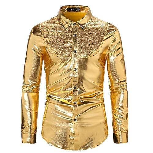 Glitzer Hemd Herren Langarm-Hemden Herren mit Pailletten Langarmshirt Einfarbig Slim Fit Patchwork Shirt Casual 70er Disco Party Kostüm Karneval Freizeithemd für Fasching Nachtclub Mottoparty von Generic