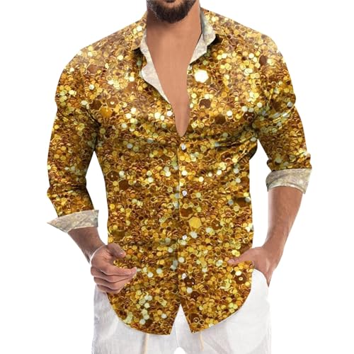 Glitzer Hemd Herren Langarm- Pailletten Hemden Herren Faschingkostüm-Langarmshirt Herren Revers Modische Slim Fit Button Down Shirt 70er Disco Party Kostüm für Nachtclub Mottoparty von Generic