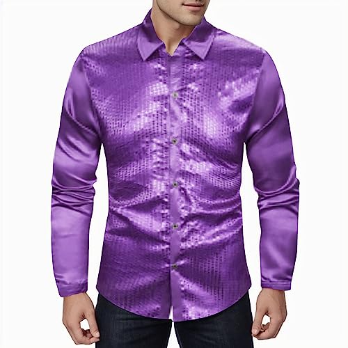 Glitzer Hemd Herren Langarm- Pailletten Hemden Herren Revers,Langarmshirt Herren Solider Funky Glänzend Freizeithemd Karneval Partyshirt 70er Disco Nachtklub Party Kostüm für Fasching Mottoparty von Generic