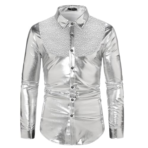 Glitzer Hemd Herren Langarm Pailletten Hemden Revers Langarmshirt Slim Fit Lässige Kontrastfarbe Glänzend Freizeithemd Karneval Glitzerhemd Partyshirt 70er Disco Nachtklub Party Kostüm von Generic