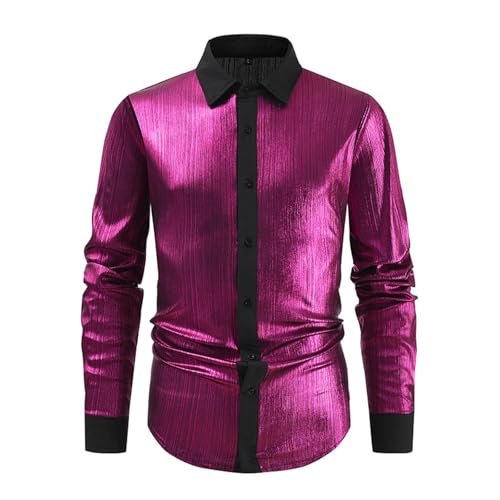 Glitzer Hemd Herren Leder-Pailletten Hemden Herren Revers-Langarmshirt Herren Glänzende Einfarbig Freizeit Button Up Shirts Karneval Partyshirt Slim Fit Freizeithemd für Tanz Disco-Nachtclub Kostüme von Generic