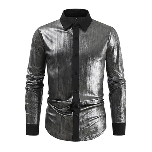 Glitzer Hemd Herren Leder- Pailletten Hemden Herren Revers-Langarmshirt Herren Glänzende Einfarbig Modische Button Up Shirts Karneval Partyshirt Slim Fit Freizeithemd für Tanz Disco-Nachtclub Kostüme von Generic