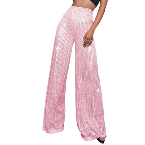 Glitzer Hose Damen Lang, Pailettenhose Damen Weites Bein,Hosen High Waist Locker Freizeithose mit Elastische Taille Mode Pailletten Tanzhose Y14K Disco Glitzerhose Sparkly Festlich Party Loungehose von Generic