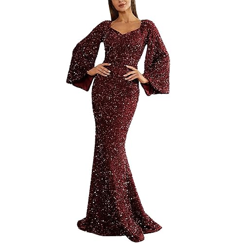 Glitzer Kleid Damen Party Brautjungfernkleider Langarm Cocktailkleid Damen Elegant Abendkleid Damen Lang Sexy Paillettenkleid Trompetenärmel Schlanke Hüfte Silvester Kleid Damen Curvy Wickelkleid von Generic